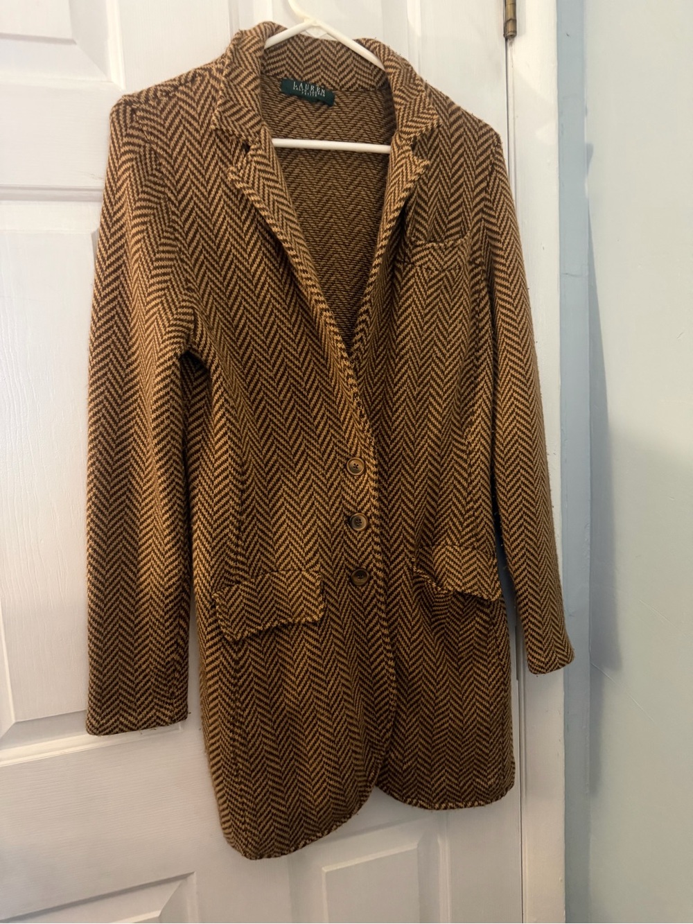 Lauren Ralph Lauren Petite Herringbone Long Blazer Coat Brown Tan Medium Petite